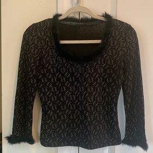 Super Cute Sheer Stretch Black long Sleeve Blouse with Fur details. Size Small.